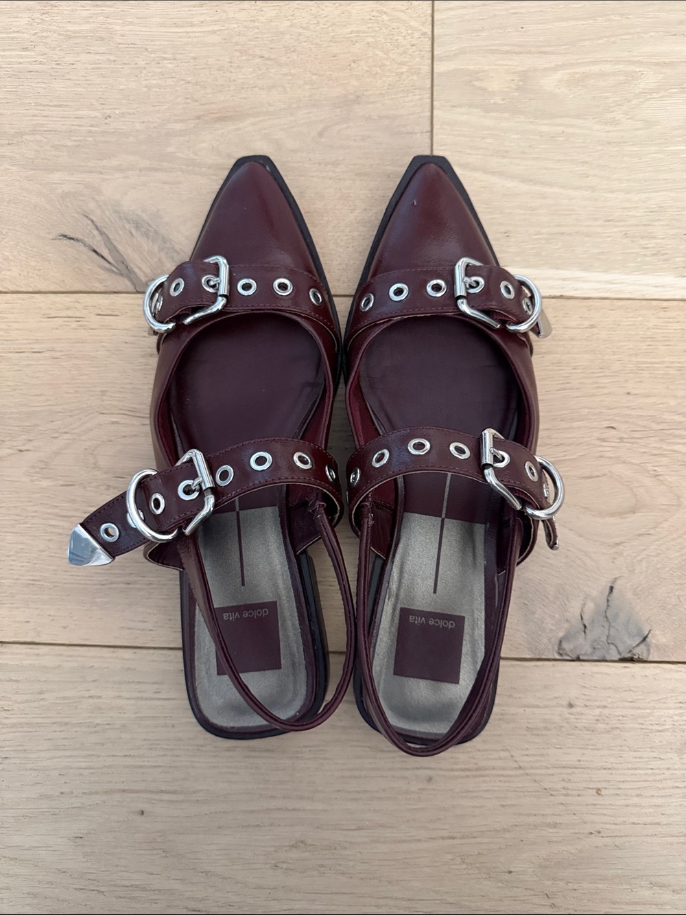 Dolce Vita Labell Flats, slingback pointed toe grommet buckle detail, burgundy 7